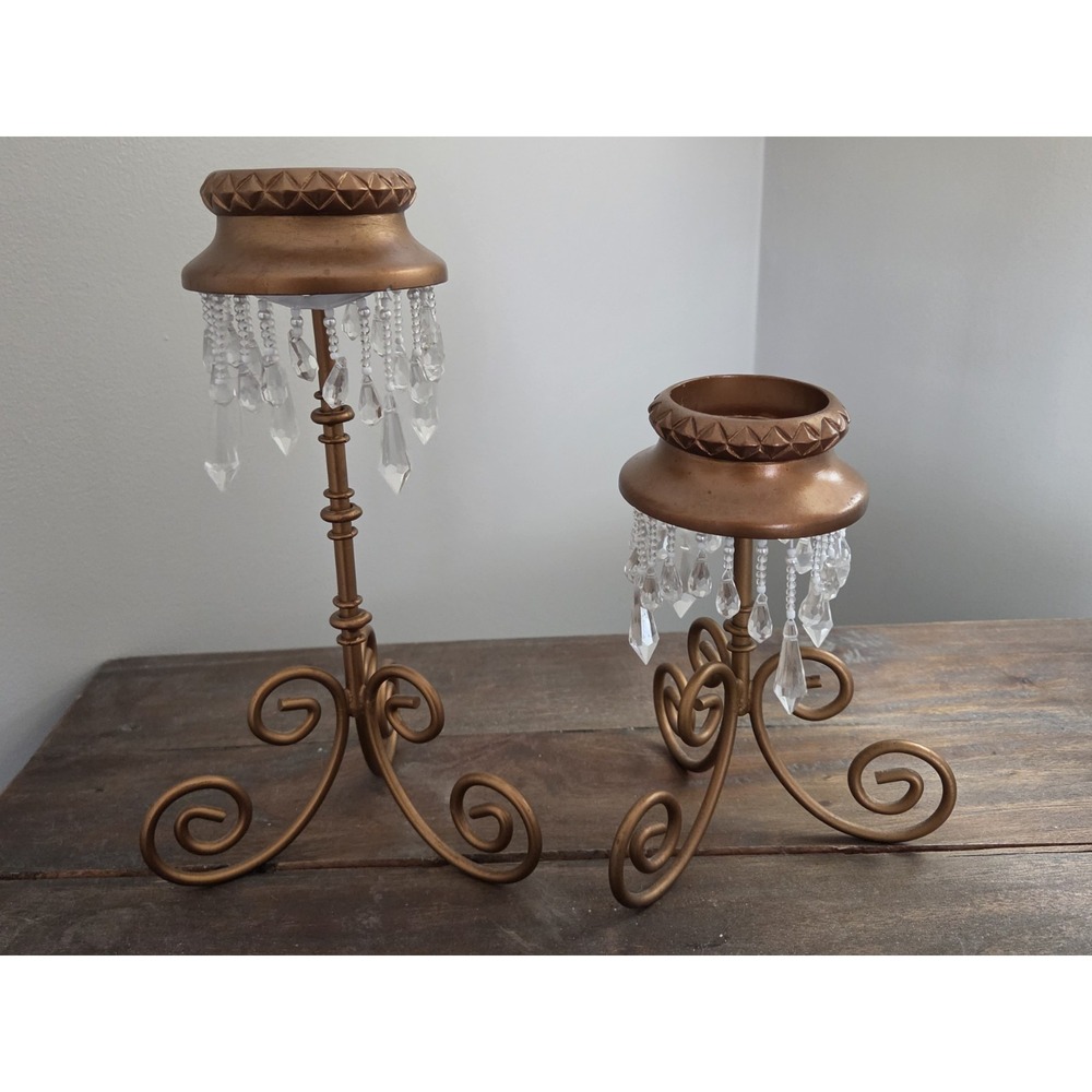 Pair Vintage Style Bronze Metal Candle Holders Crystal Prisms Scrollwork Base...